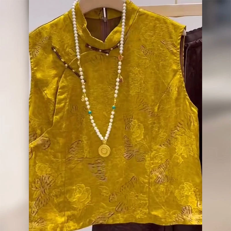 新中式老钱风黄色短款马甲背心超火女装夏季国风唐装盘扣坎肩上衣
