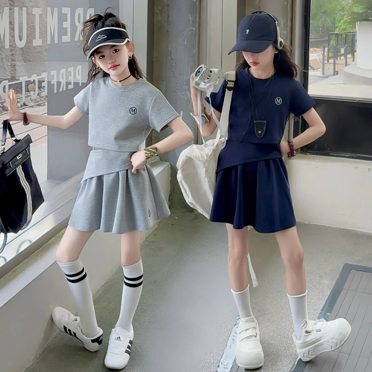 女童夏季短袖不规则半身裙套装2025新款炸街夏装大童儿童T恤短裙