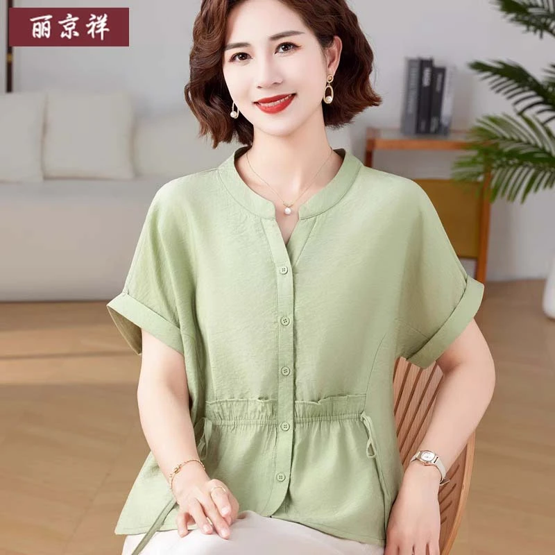 洋气妈妈夏季新款纯棉麻衬衫短袖套装中老年女装棉麻宽松上衣T恤