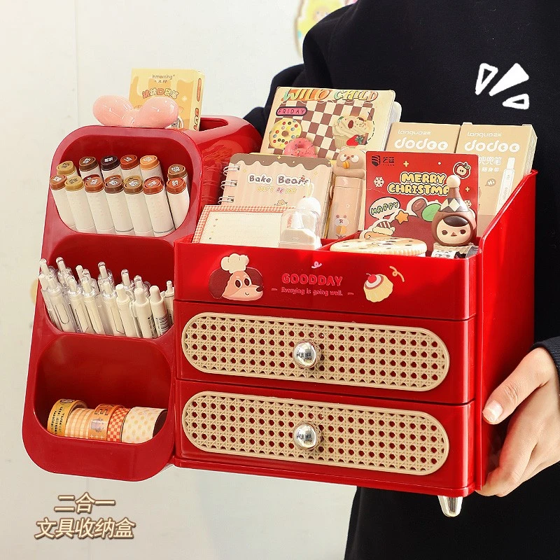 高颜值安可拉红笔筒抽屉式大容量学生宿舍办公室斜插式桌面收纳盒