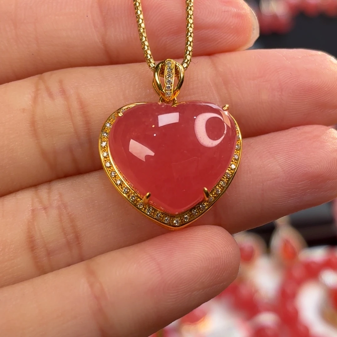 菱锰矿（红纹石）18K金镶嵌吊坠(不含链)