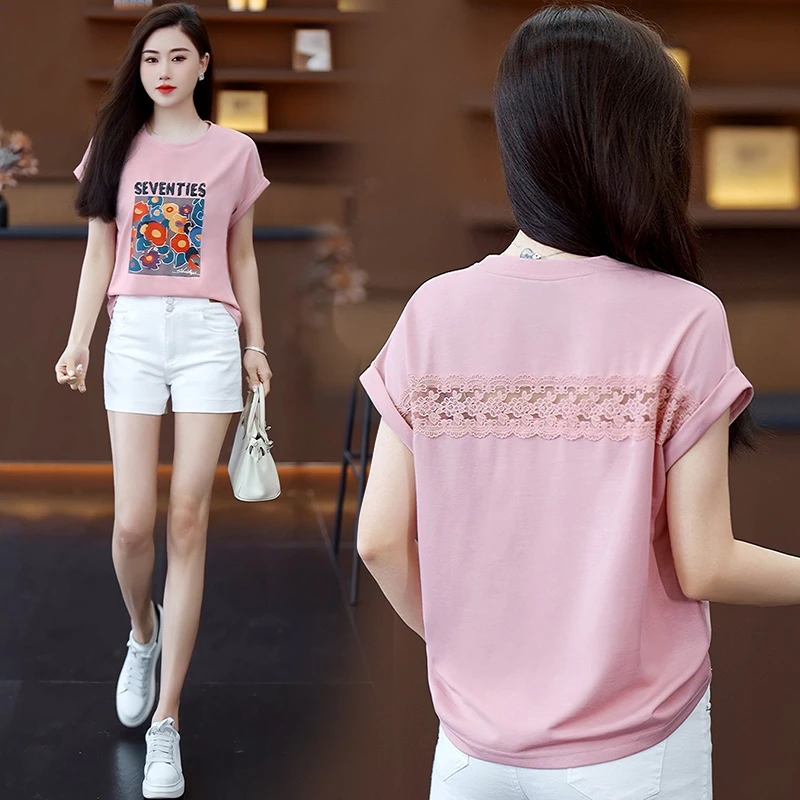 时尚洋气蕾丝拼接短袖t恤女2025夏季新款设计感半袖体恤心机上衣