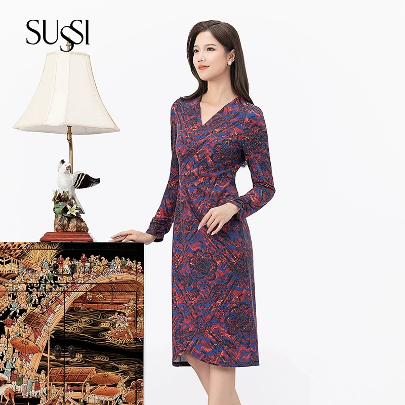 「宠粉节专属款」SUSSI/古色V领印花优雅气质中长款连衣裙女
