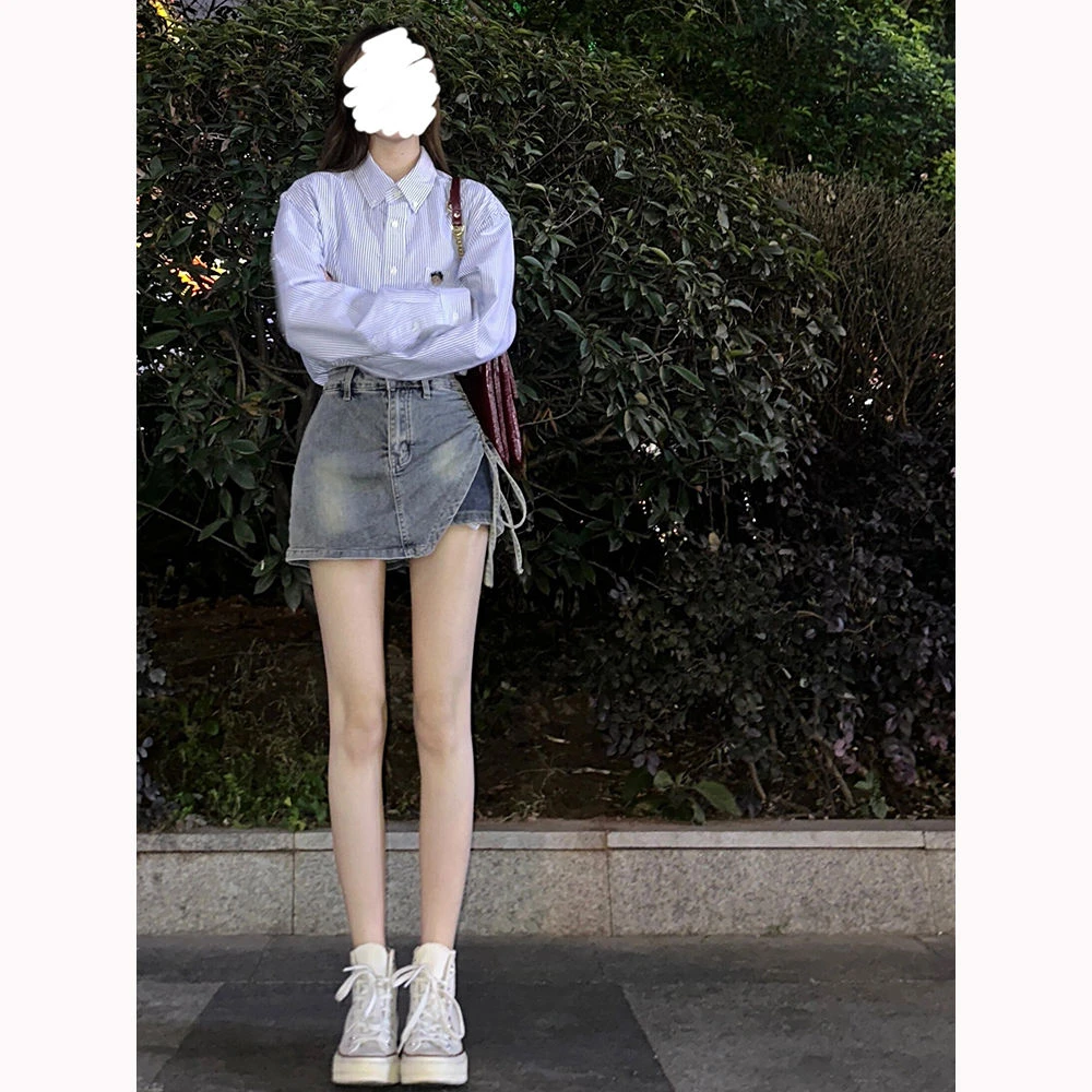 【2004】设计感不规则假两件裤裙新款宽松显瘦A字裙牛仔包臀裙短裙