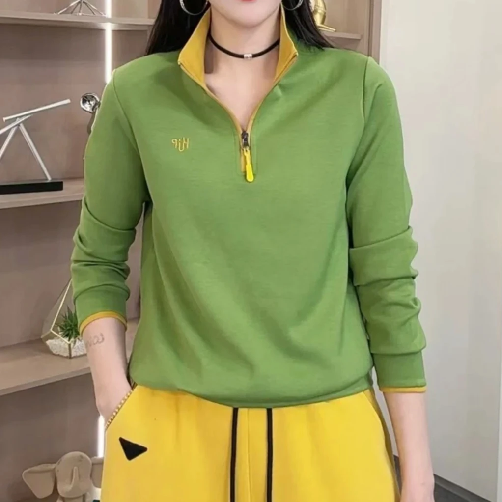 早春t恤女士拉链半高领洋气减龄大码潮妈时尚长袖上衣打底衫