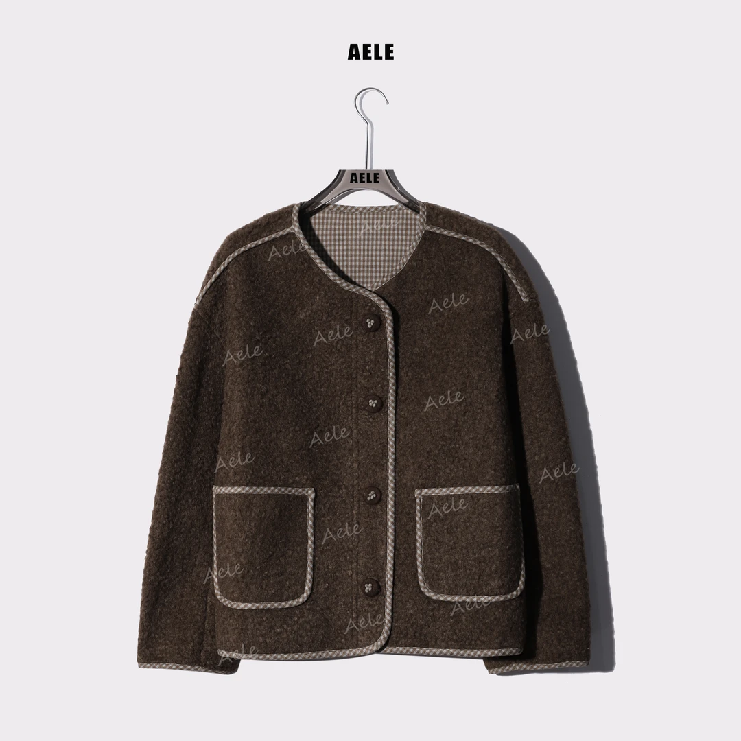 AELE【小卷毛】宽松休闲格纹拼接圆领外套 N853 3003 AD