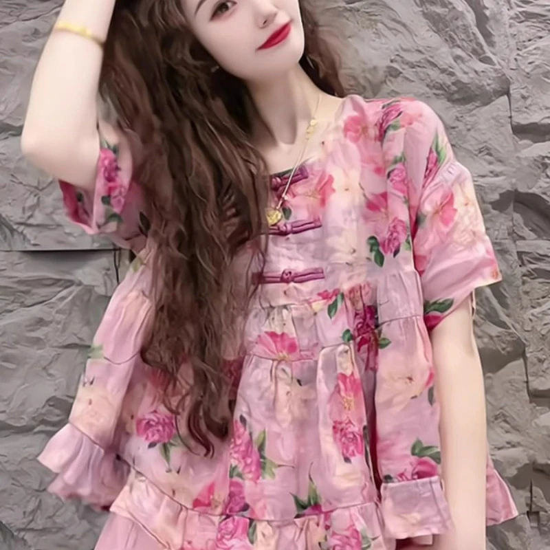 新中式国风女装2025夏季新款圆领复古盘扣时尚减龄碎花短袖娃娃衫