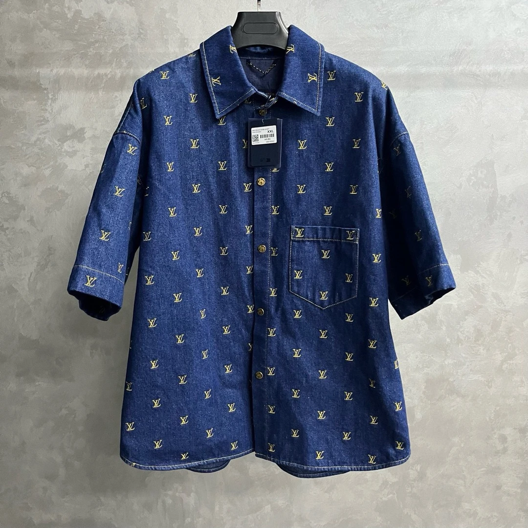 未使用 LouisVuitton/路易威登 24蓝色菲董Logo刺绣牛仔衬衫/xxl