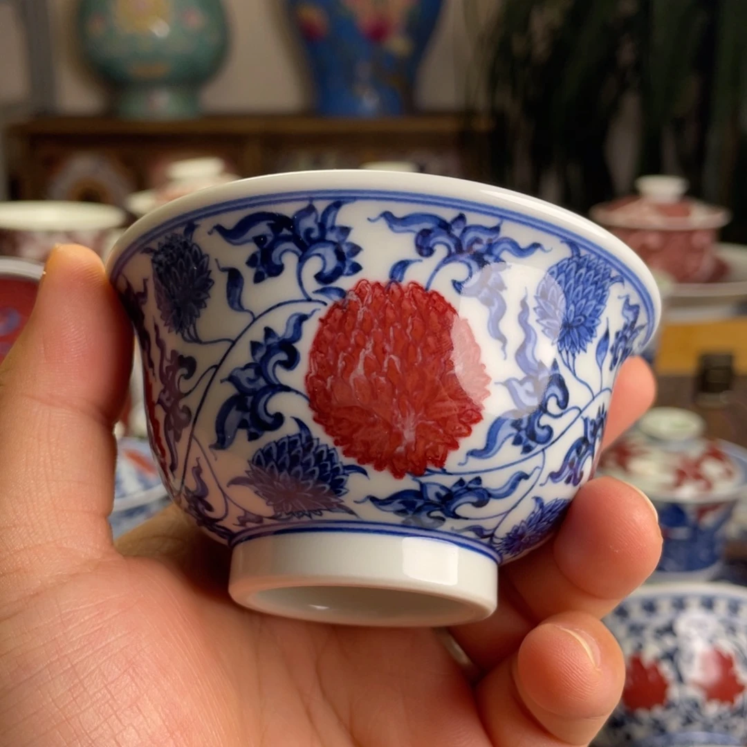 釉里红霸王团菊压手杯