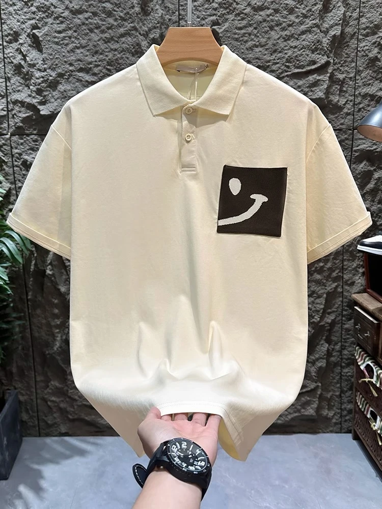 设计感拼色笑脸印花短袖Polo衫男夏季宽松休闲半袖翻领T恤上衣潮