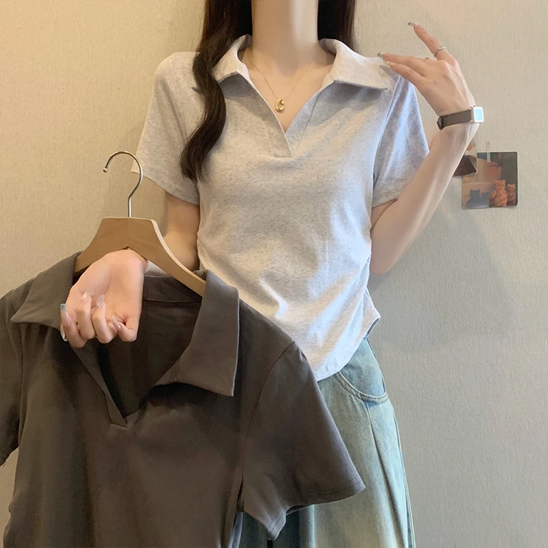 大码正肩POLO衫女短袖夏2025新款胖MM显瘦遮肚藏肉短t恤V领上衣