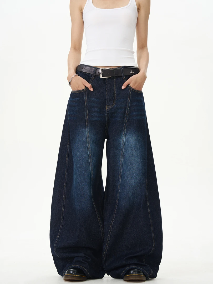 ISLAND美式复古裁剪设计感弯刀深蓝牛仔裤男女宽松阔腿松弛拖地裤