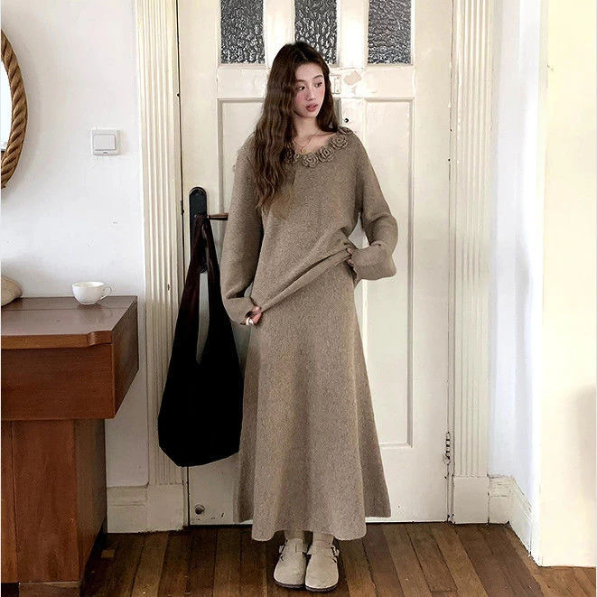 韩系设计感立体花朵毛衣女套装秋冬慵懒风宽松针织衫两件套裙百搭