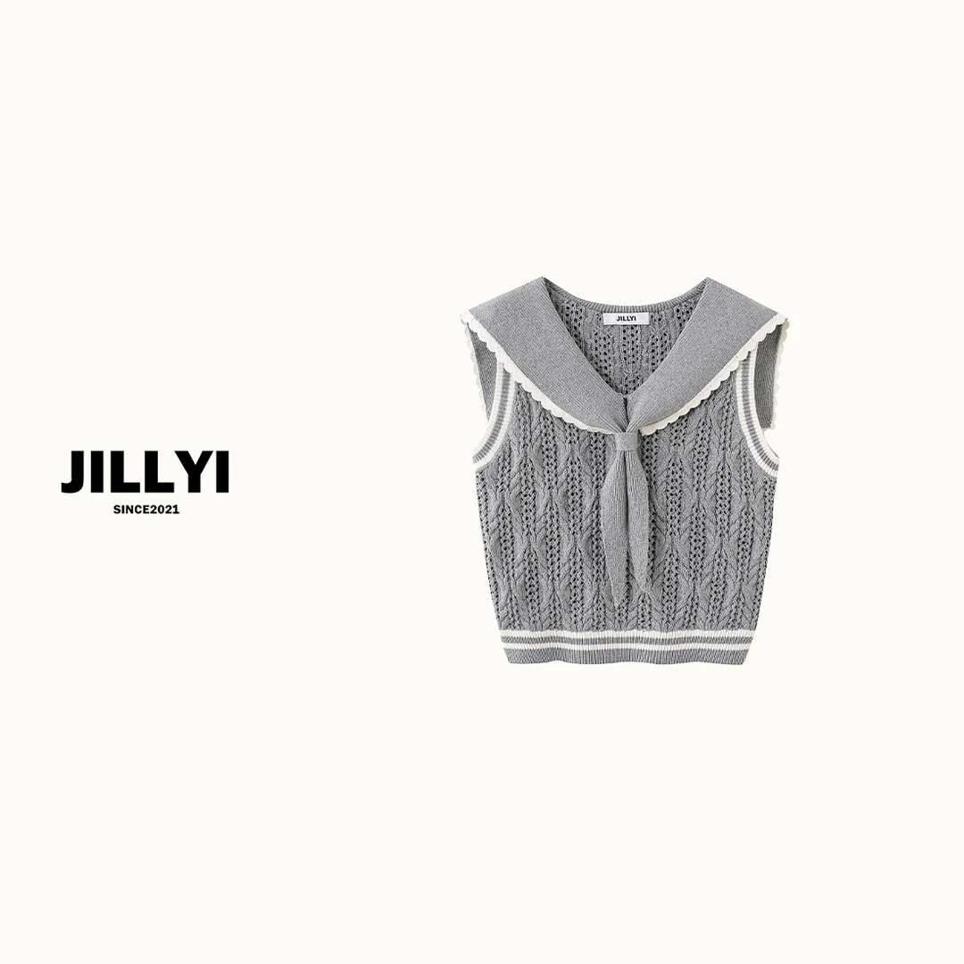 JILLYI南山店【光影素描】灰色海军领时尚学院风短针织上衣无袖百搭