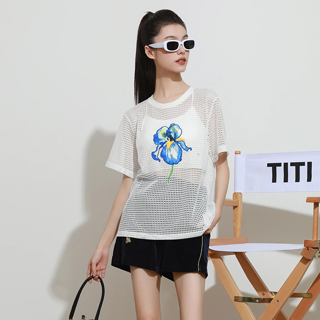 TITI 夏季女式上衣网眼T恤刺绣衬衫上衣