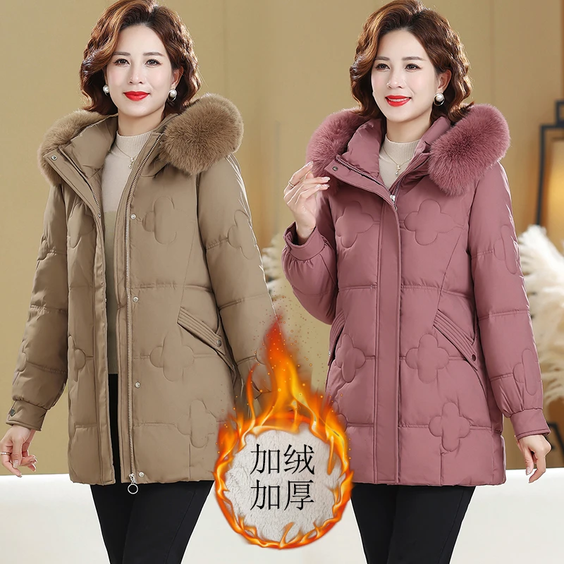 冬季棉服女中长款韩版宽松大码加厚洋气妈妈棉衣显瘦时尚连帽外套