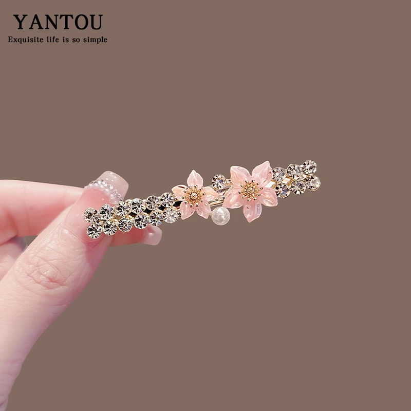 超仙韩版水钻樱花珍珠发夹鸭嘴夹一字少女碎发刘海夹发夹花朵发饰