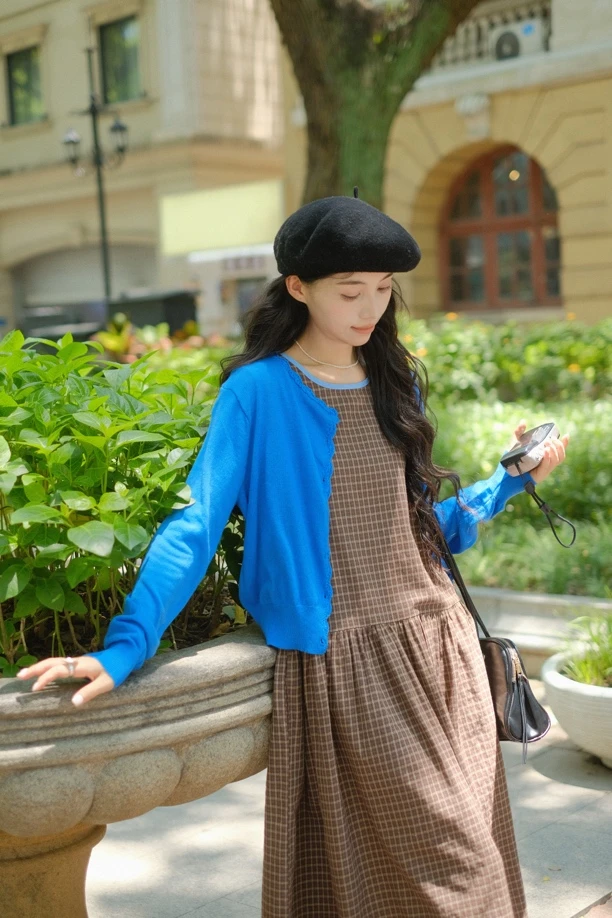 2463 “蓝莓大福”早秋复古花边门襟针织开衫