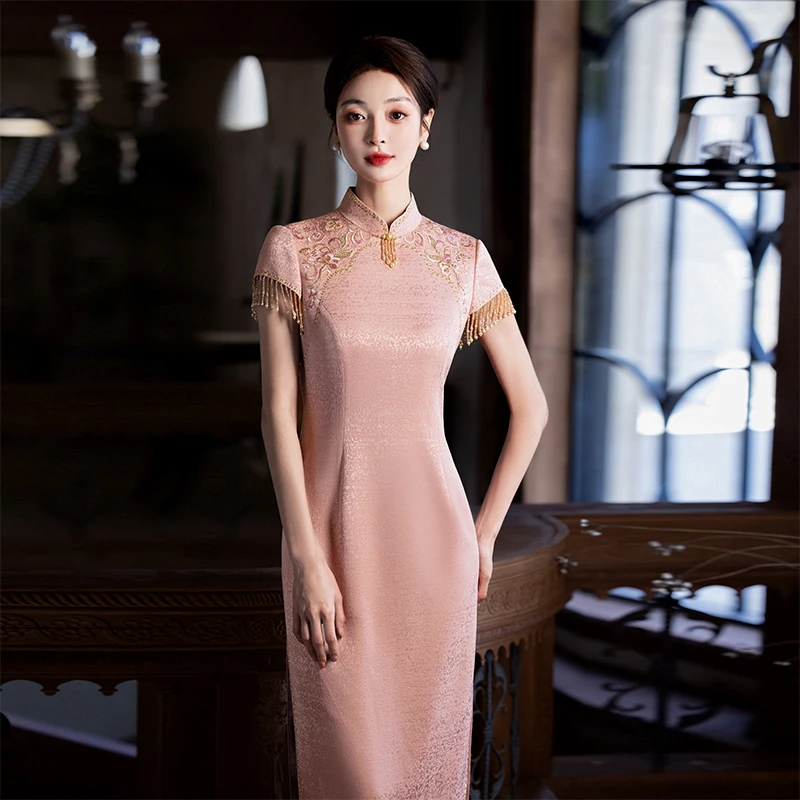 高端改良粉色旗袍2025春夏季新款女喜婆婆婚宴装敬酒服晚礼服醋酸