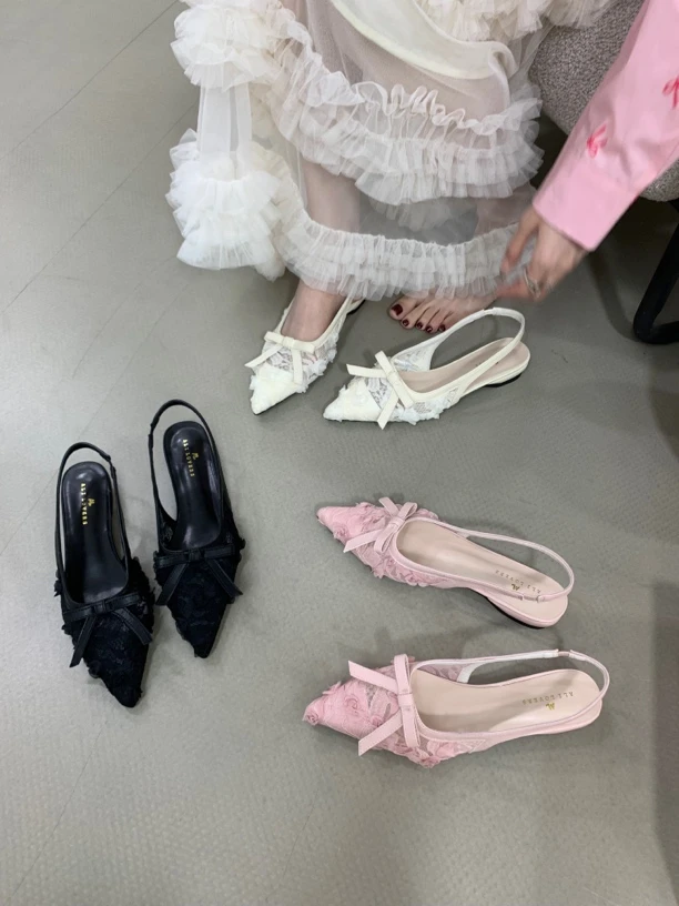 Q69-123 花朵网纱尖头女外穿2025夏季新款仙女风蝴蝶结包头凉鞋