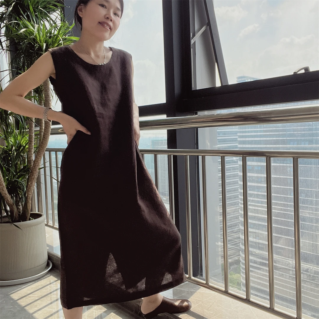 115-118裙长 100%亚麻背心裙百搭简约气质女士开叉纯色新品6931