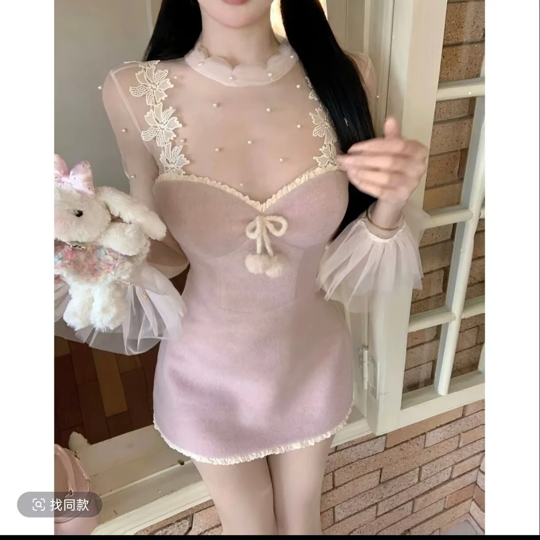 法式网纱上衣连衣裙粉色短裙春秋【珍珠小姐】性感气质法式时尚套装