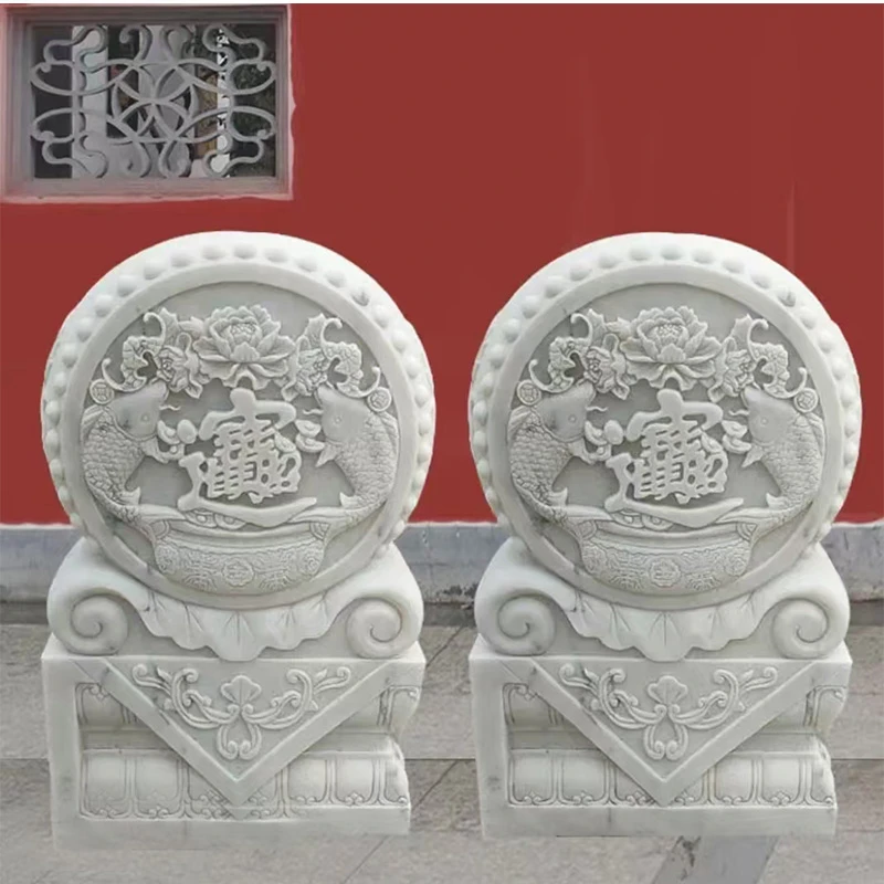 石雕汉白玉门墩抱鼓石中式别墅庭院门口摆件