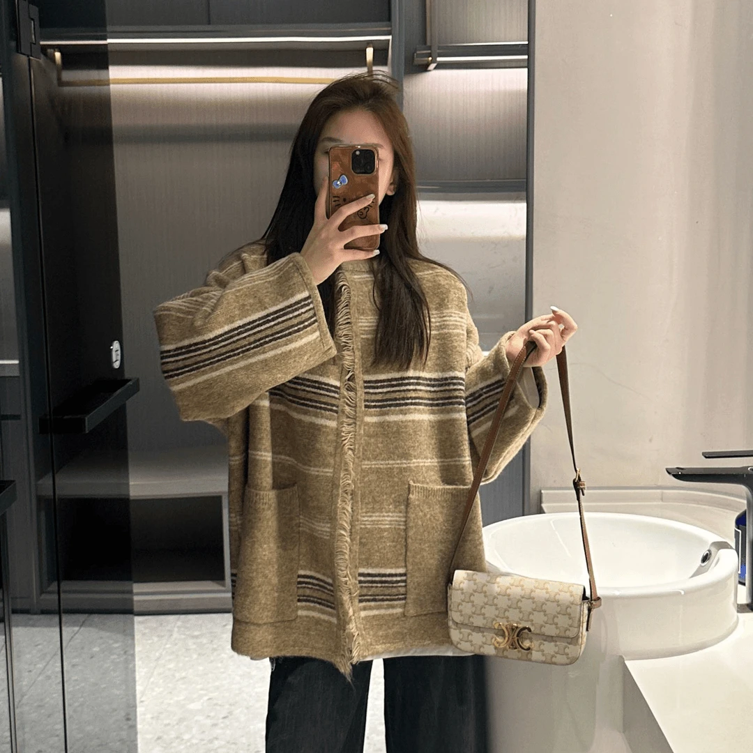 【哥本哈根】条纹毛衣针织开衫外套宽松复古秋季新款时尚百搭Y885