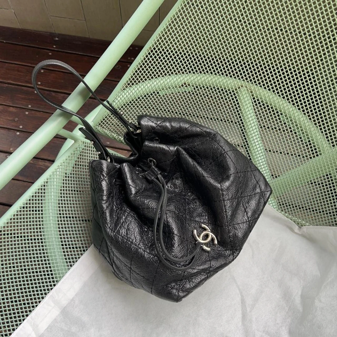 95新 Chanel/香奈儿 大吉中古/Chanel香奈儿黑银抽绳水桶单肩包