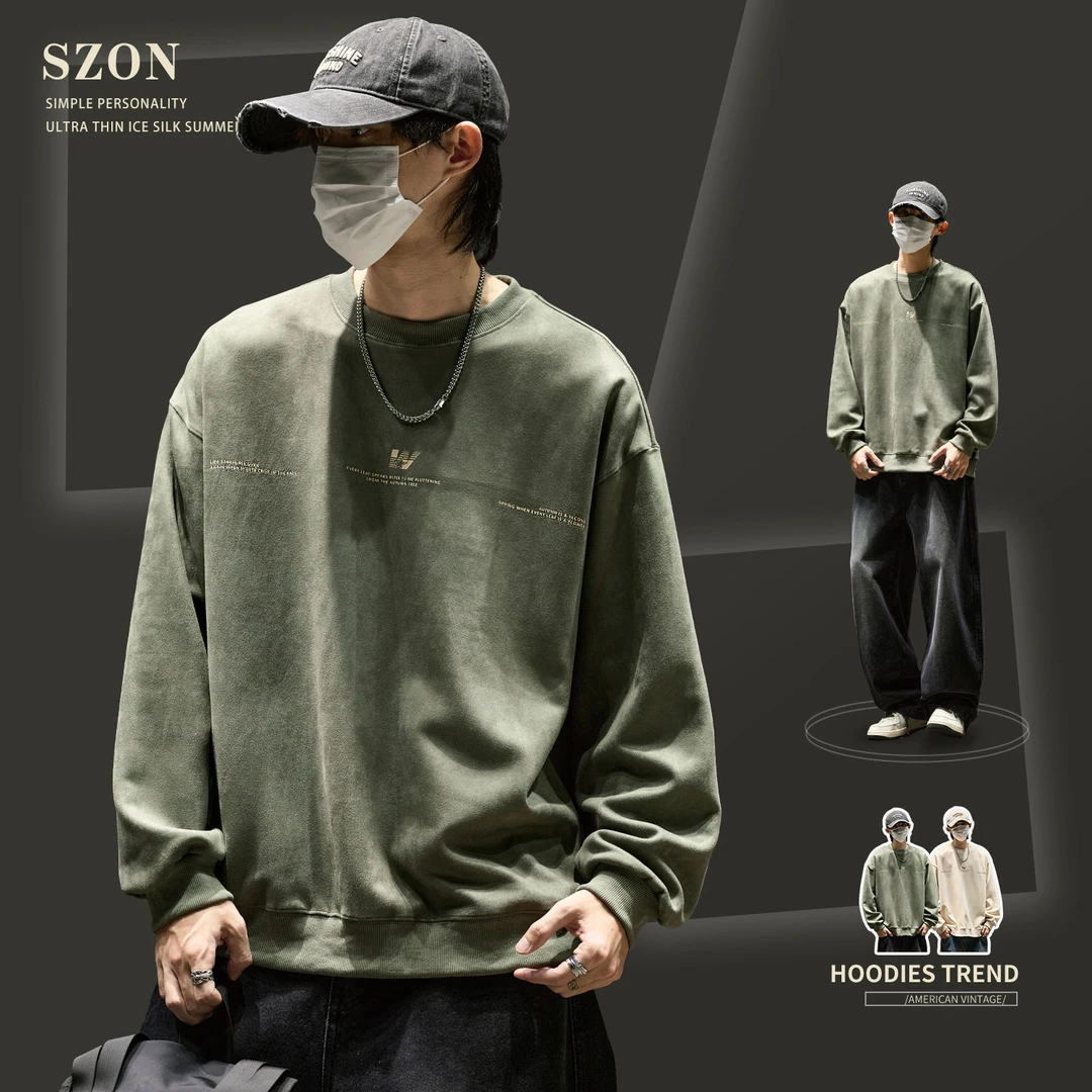 男士卫衣秋冬款美式休闲印花麂皮绒套头衫潮牌宽松痞帅长袖上衣