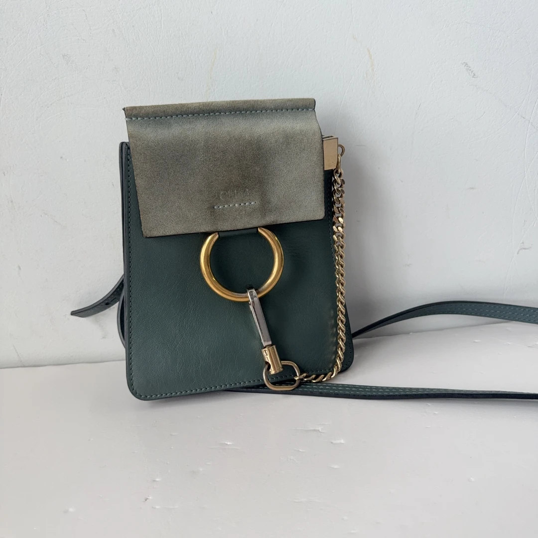 95新 Chloe/蔻依 蔻依 湖蓝色圆环手机单肩包