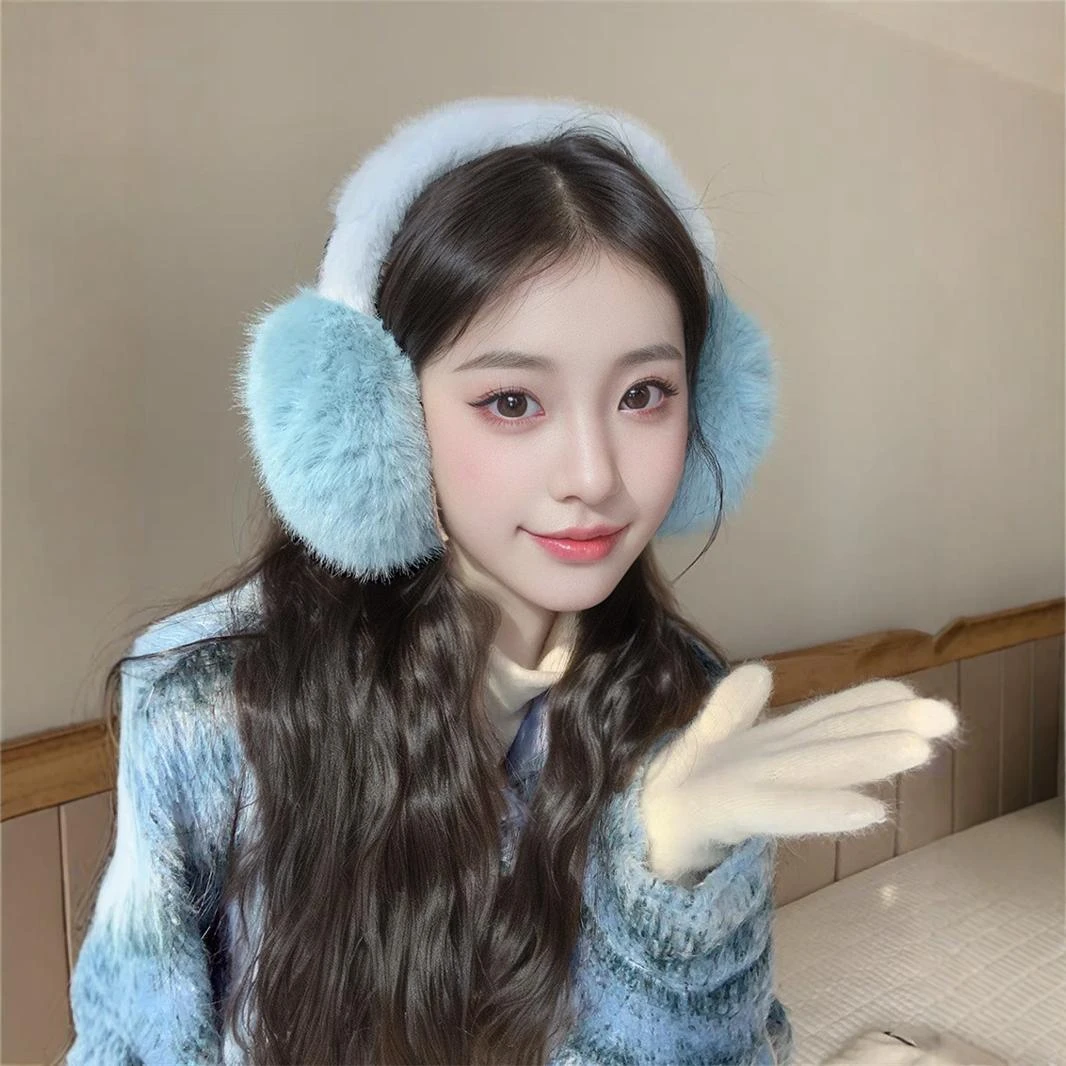 甜美蓝色毛绒耳罩女可爱学生冬季户外保暖耳包杨超越同款仿貂毛