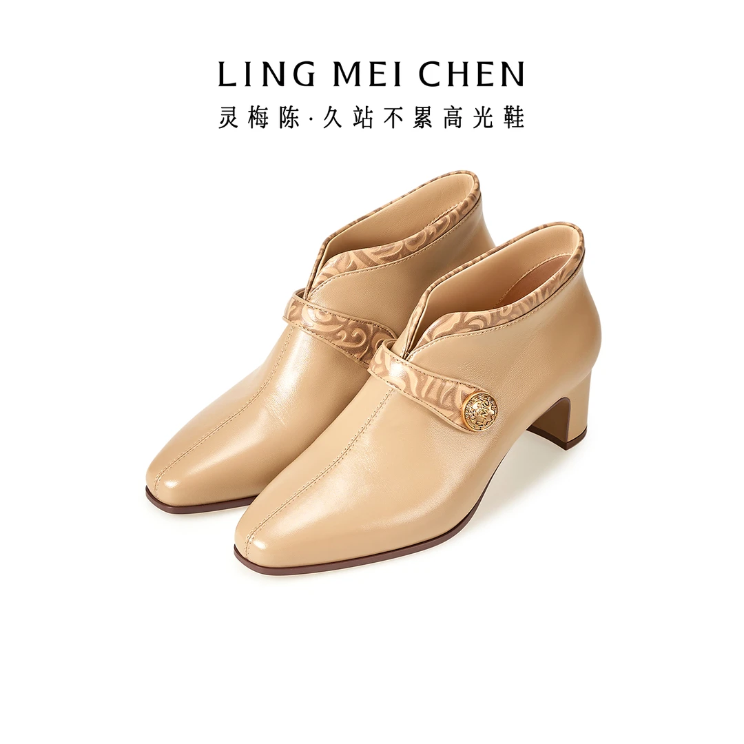 苏西【吉祥腾云踝靴】羊皮裸色秋冬款透气复古防滑灵梅陈高跟鞋短靴
