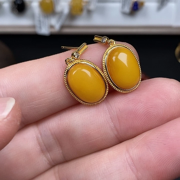 蜜蜡银S925镀金镶嵌耳饰