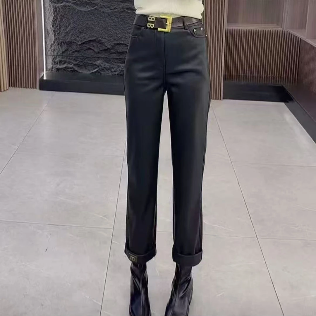 秋冬加绒蛋白pu皮裤时尚高腰显瘦直筒裤通勤小个子九分烟管靴裤女