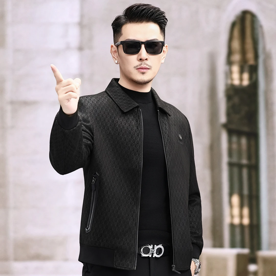 男士翻领夹克秋季2025季仿麂皮绒印花外套中年潮流男装休闲茄克衫