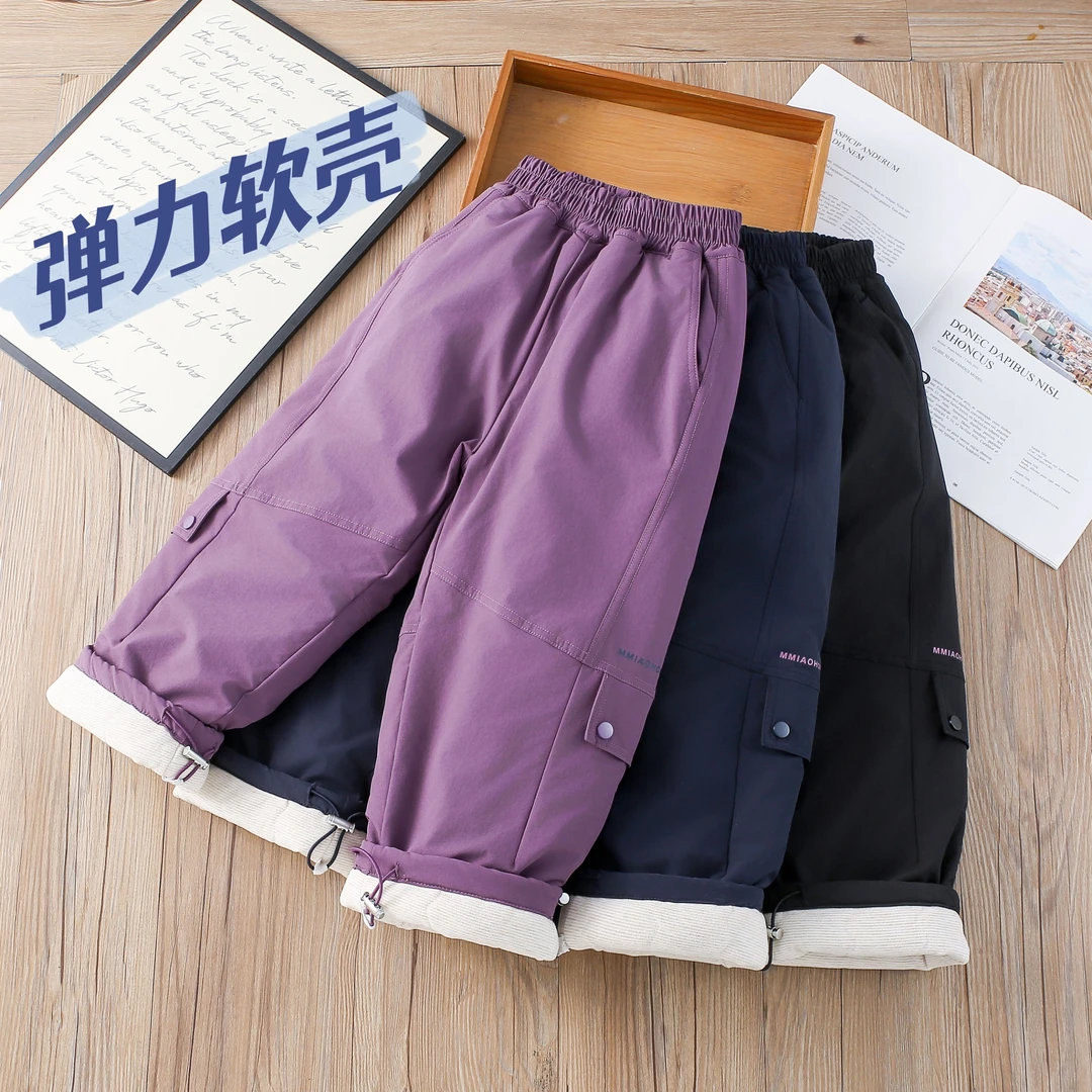 软壳冲锋裤女童防风保暖蚕丝棉裤儿童加绒滑雪工装运动裤一条过冬