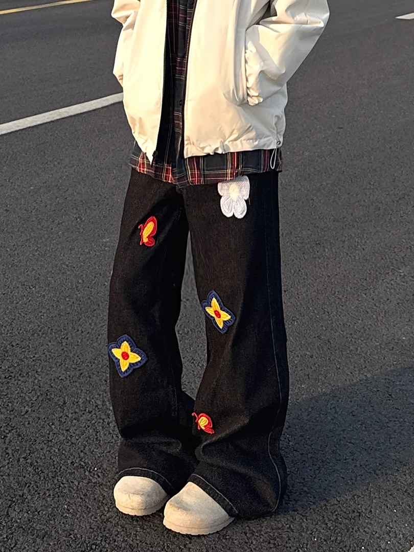 A1MP新因素创意花卉刺绣原色牛仔裤直筒阔腿复古美式原牛长裤男女