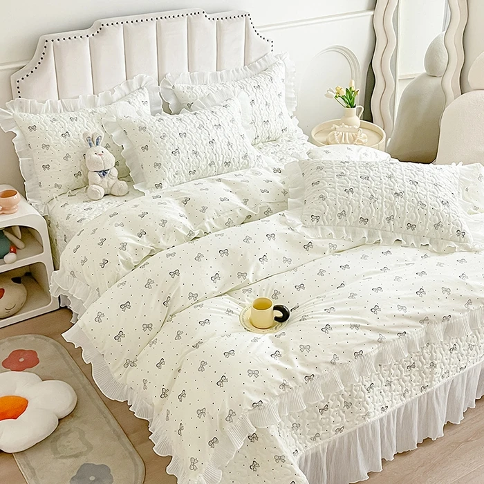 新款蝴蝶结全棉夹棉四季通用床盖款公主风防滑单床盖三件套四件套