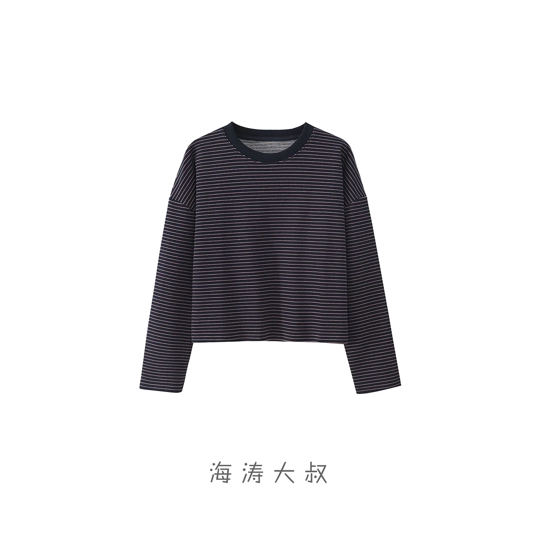 【海涛大叔】撞色条纹落肩短款圆领卫衣