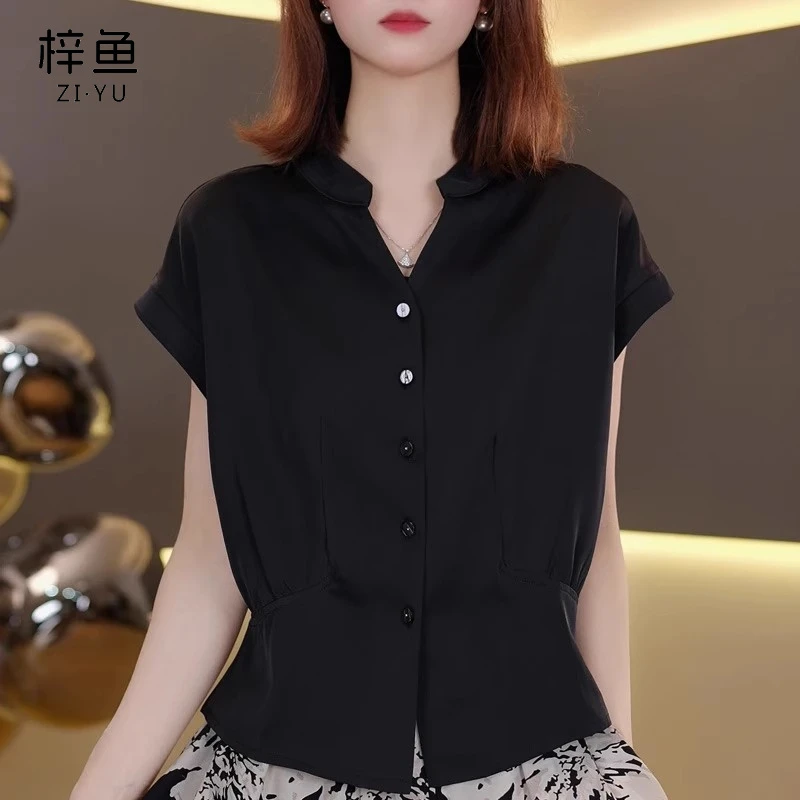 时尚V领短袖T恤女2025新款气质小衫洋气显瘦设计感休闲单排扣衬衫