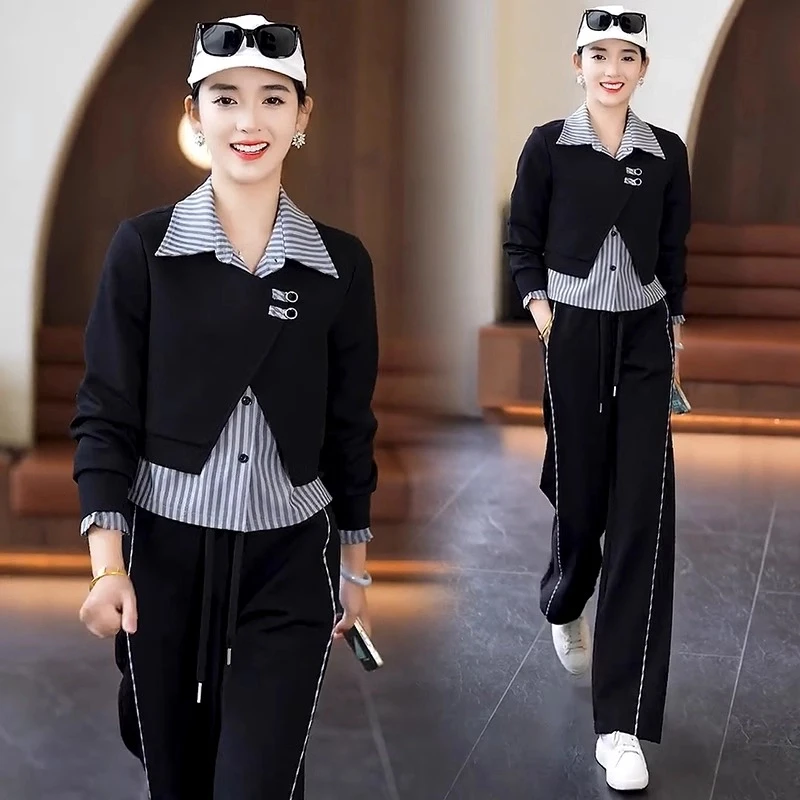 休闲运动服套装女2025春季新款洋气显瘦拼接上衣阔腿裤时尚两件套