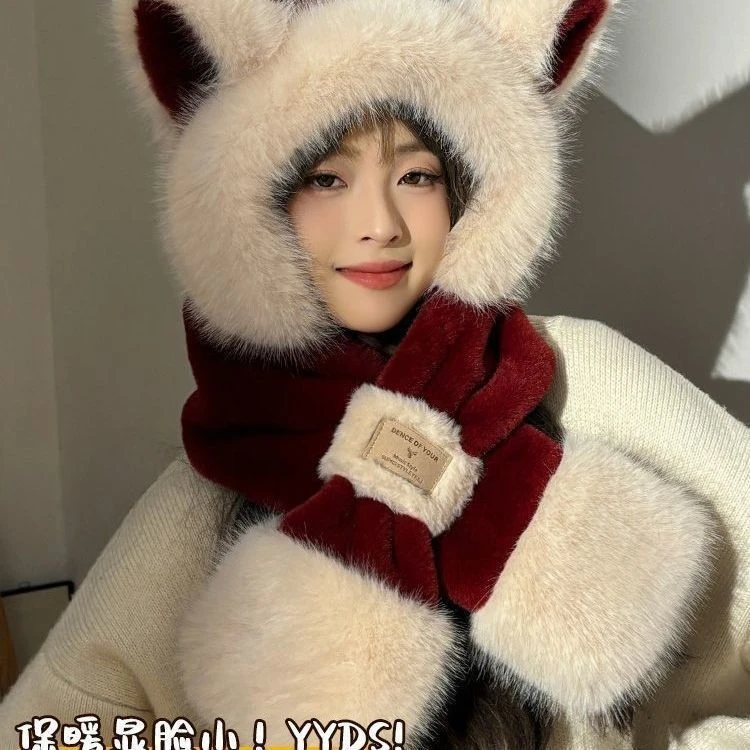 可爱狐狸帽子围巾一体冬毛绒护耳朵骑行保暖2025新款撞色围脖ML⑩