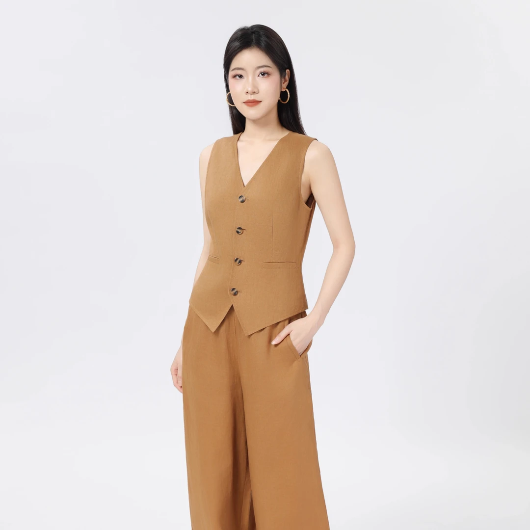 【商场同款】V领无袖马甲夏季新款通勤复古休闲西装亚麻外套5400870