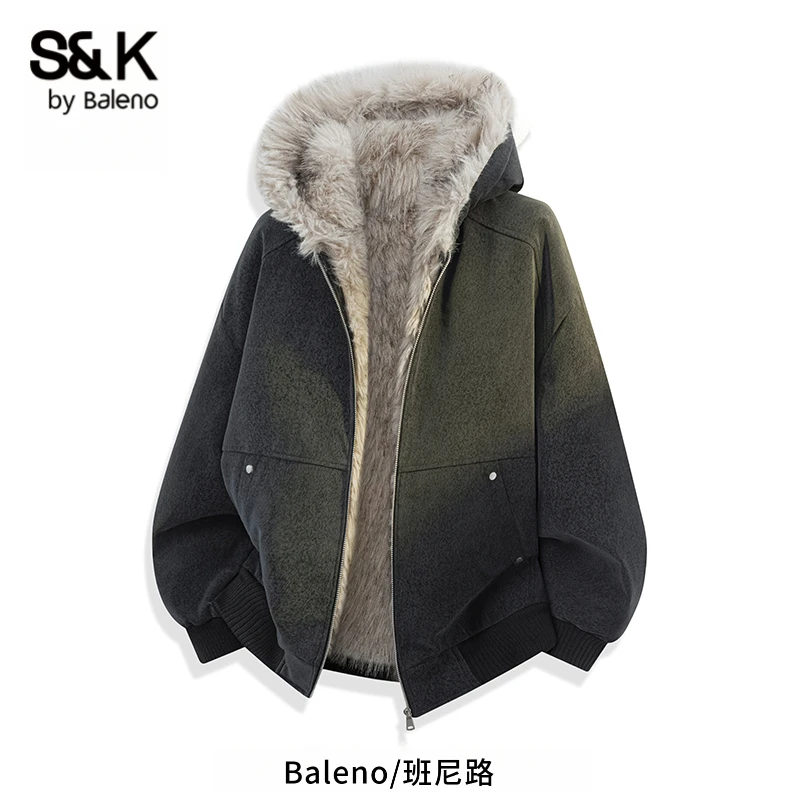 班尼路S&K美式连帽夹克男士2025冬季新款座山雕保暖毛领棉衣外套