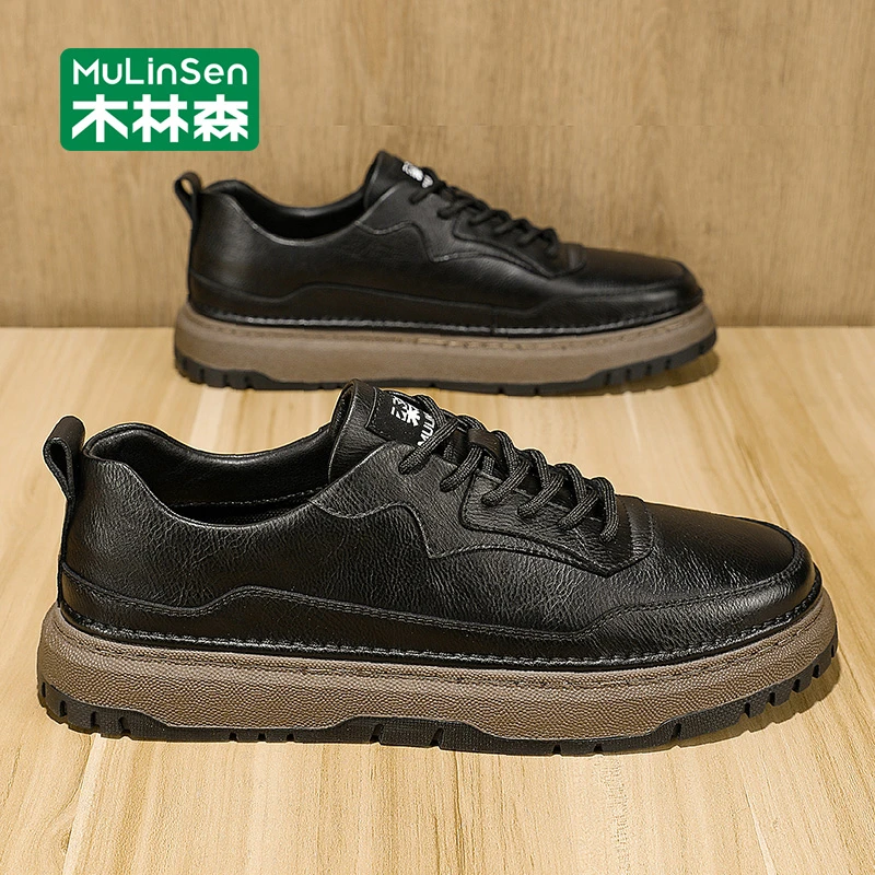 木林森男鞋工作鞋春秋2025新款休闲鞋男皮鞋英伦风百搭软底平板鞋