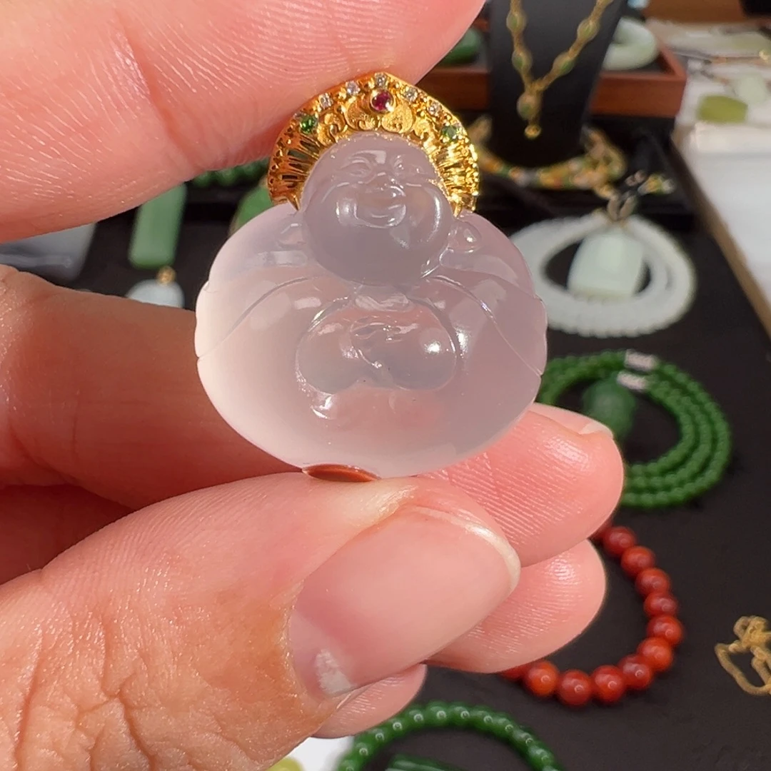 南红玛瑙18K金镶嵌颈饰原矿无注胶冰飘南红荧光抱抱佛