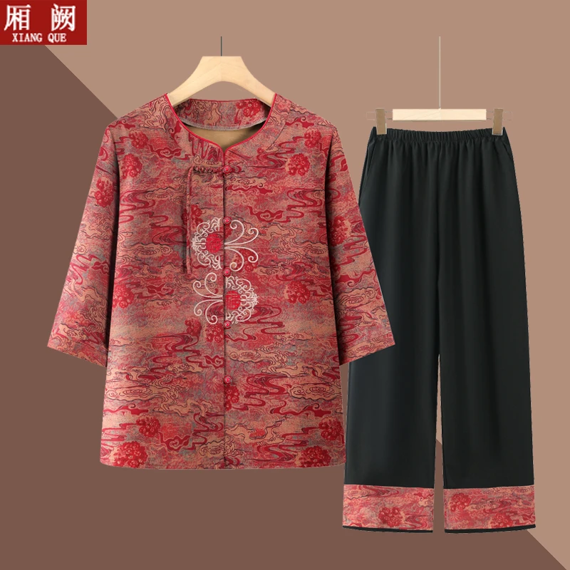 2025新款奶奶装夏装套装中老年女装T恤老人衣服女夏季薄款上衣