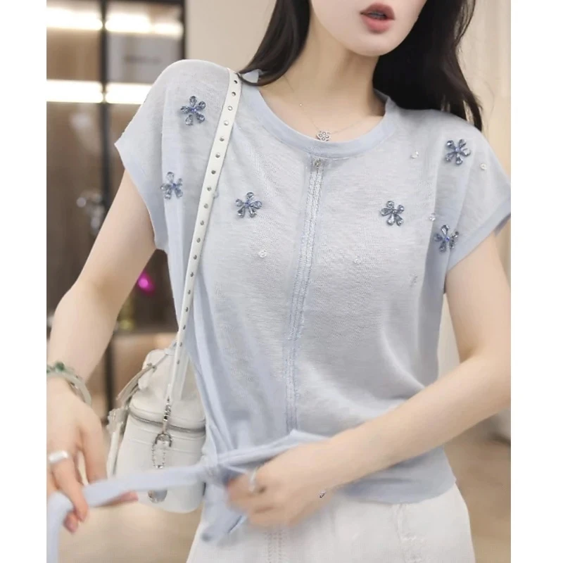 网红时尚洋气冰丝针织衫女夏季新款甜美气质显瘦小飞短袖T恤上衣