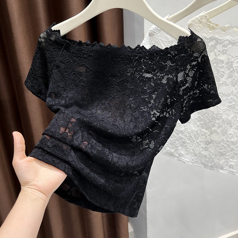 黑色纯欲风性感一字领设计短袖蕾丝衫夏季新款外穿网纱T恤上衣女